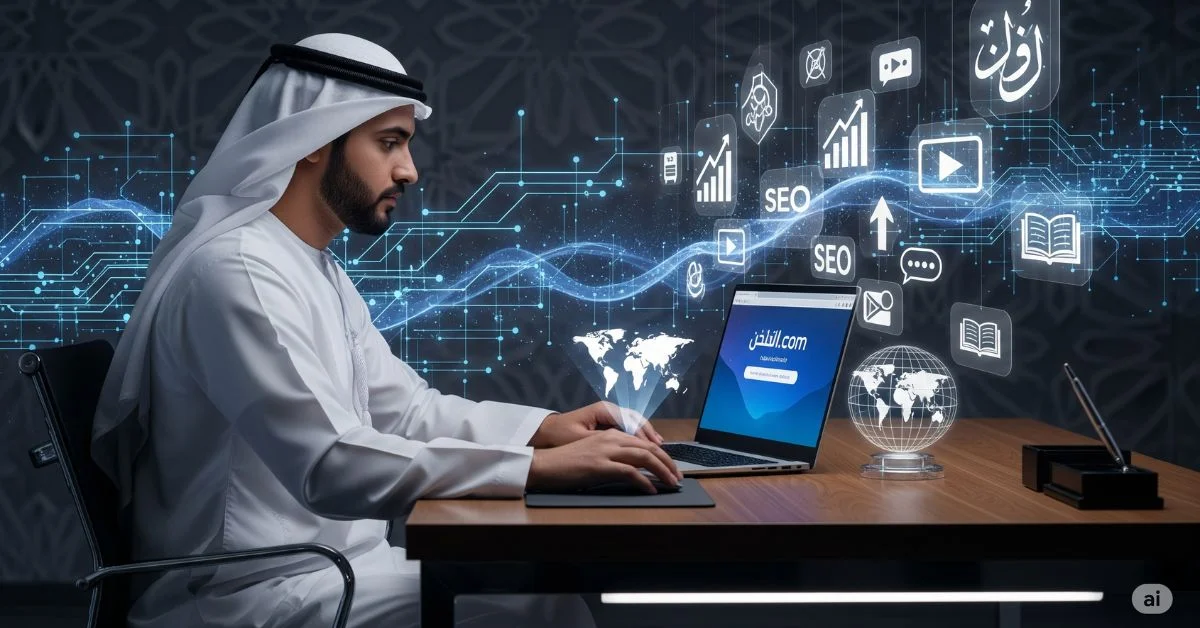 Arab man browsing هنتاوي.com on laptop, surrounded by digital and cultural symbols reflecting the growth of Arabic-language domains."