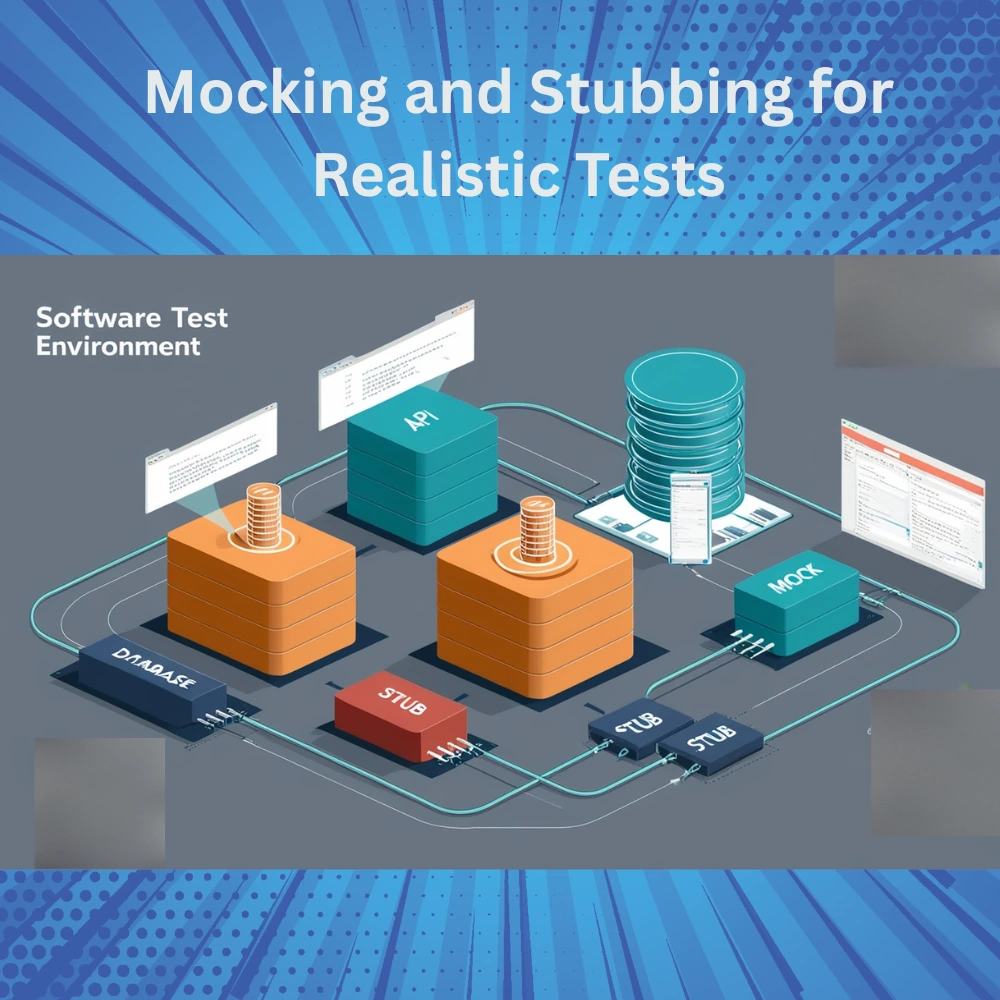 3D illustration showing software components with mock and stub blocks replacing real services like a database and API, representing isolated testing environments.
