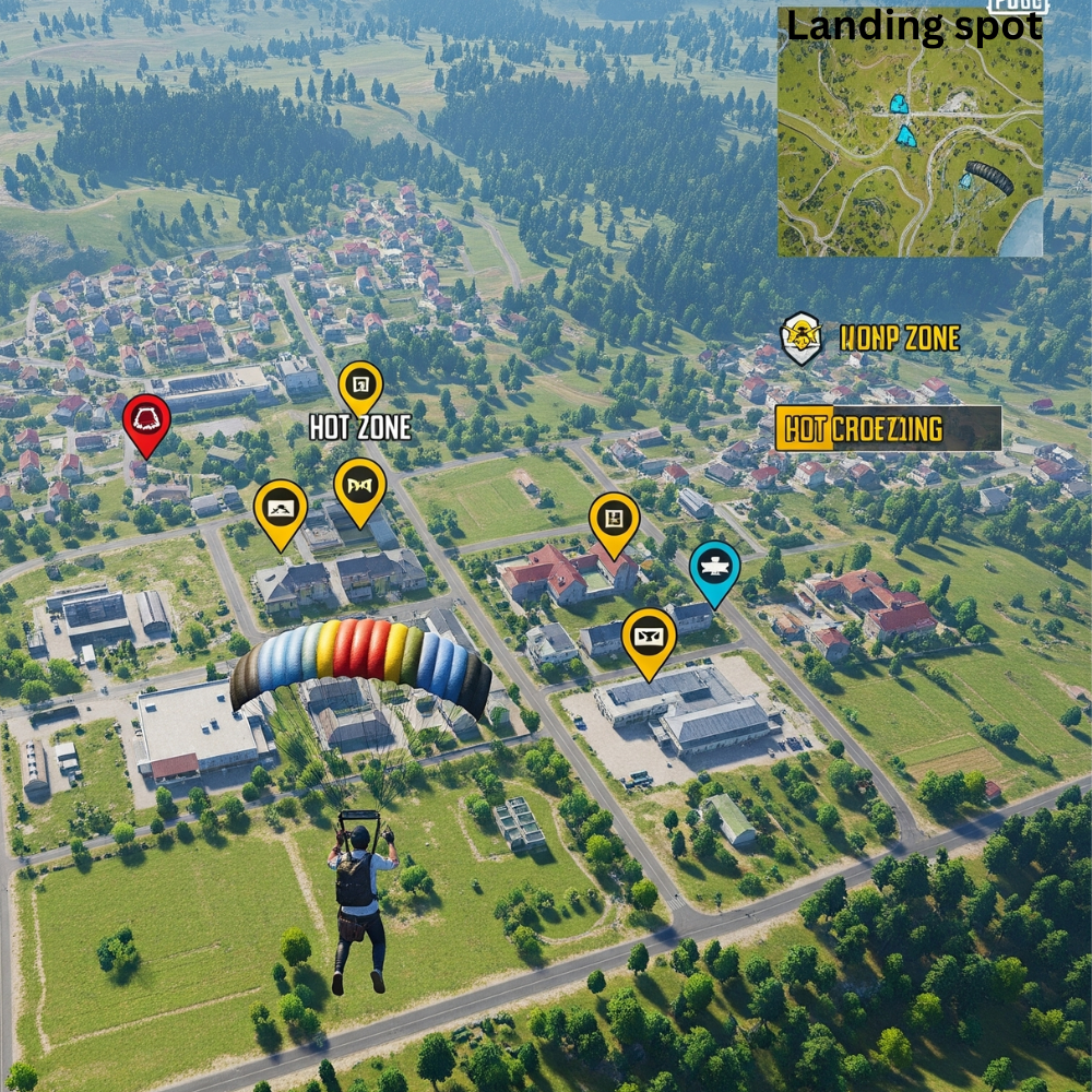 PUBG player parachuting toward a quiet landing zone