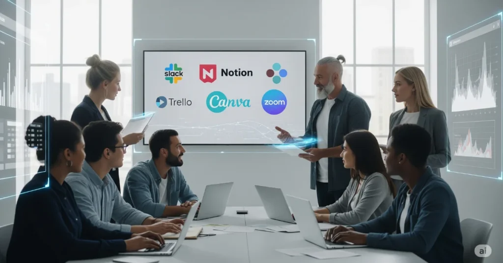 Startup team using top SaaS tools in 2025