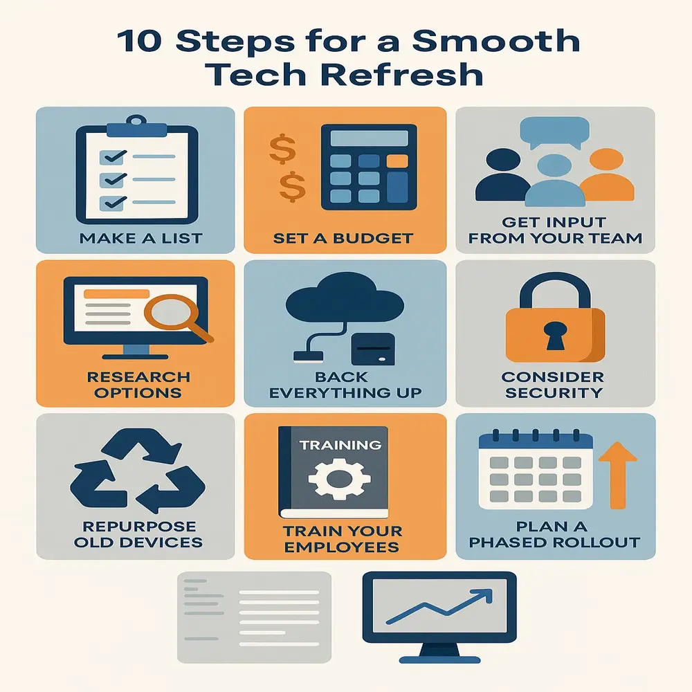 Colorful infographic showing 10 steps for a smooth technology refresh, including making a list, setting a budget, backing up data, training staff, and more. 