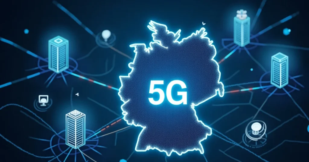 Map of Germany with "5G" text, surrounded by digital data centers, symbolizing nationwide O-RAN-based 5G network coverage.