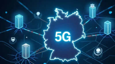 Map of Germany with "5G" text, surrounded by digital data centers, symbolizing nationwide O-RAN-based 5G network coverage.