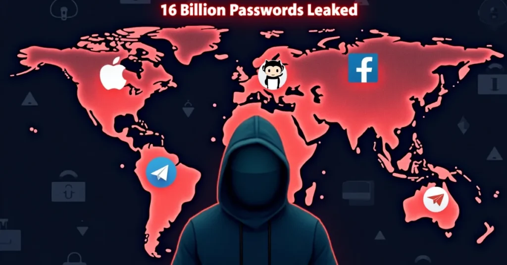 Hacker silhouette with world map showing Apple, Facebook, GitHub, and Telegram logos. Text: “16 Billion Passwords Leaked.”