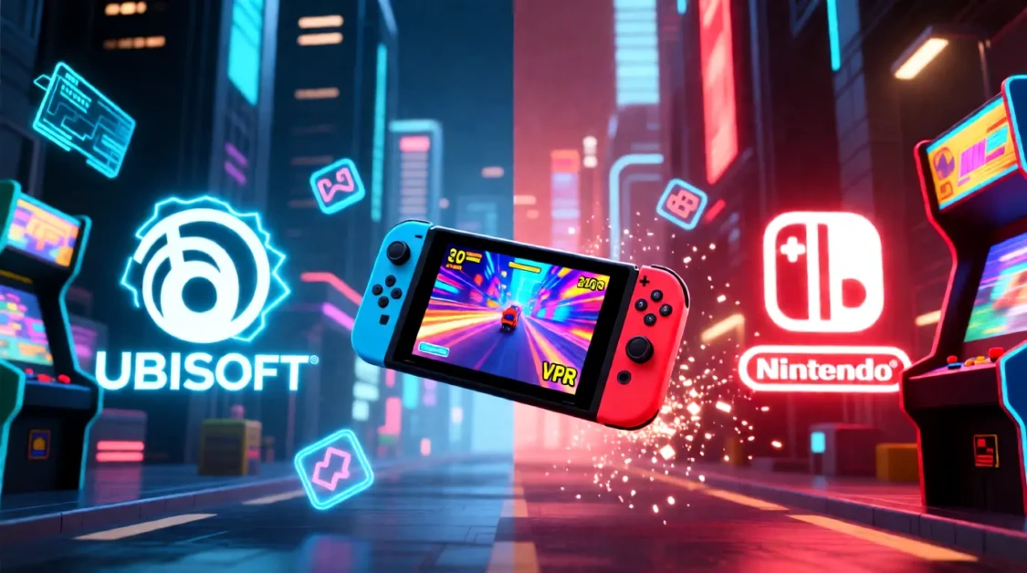 A Nintendo Switch floats in a neon-lit, futuristic city split between blue Ubisoft and red Nintendo sides, surrounded by arcade machines and glowing game icons.