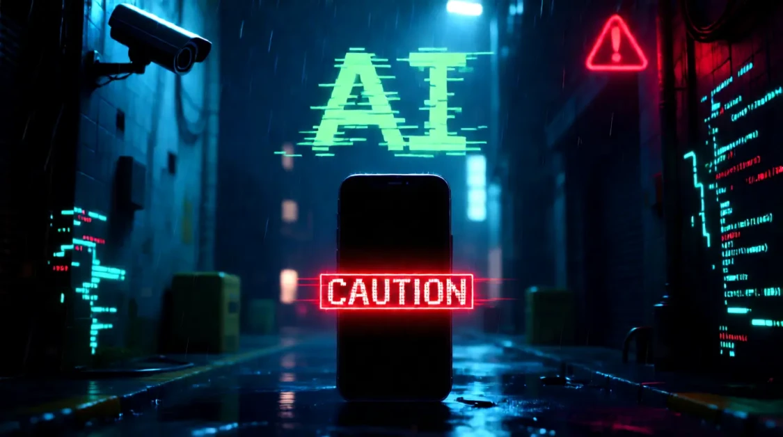 Image showing a smartphone screen in a dark alley with surveillance cameras and warning symbols, representing privacy risks and non-consensual deepfake misuse.