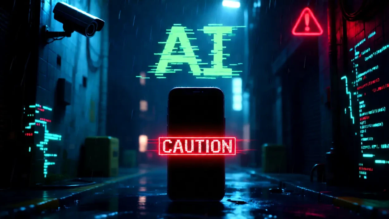 Image showing a smartphone screen in a dark alley with surveillance cameras and warning symbols, representing privacy risks and non-consensual deepfake misuse.