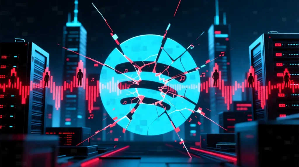Shattered Spotify logo with crashing stock chart and server racks, symbolizing a major service outage or failure