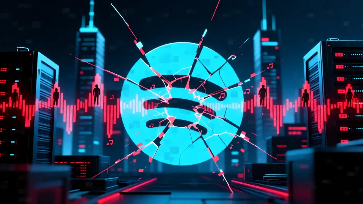 Shattered Spotify logo with crashing stock chart and server racks, symbolizing a major service outage or failure