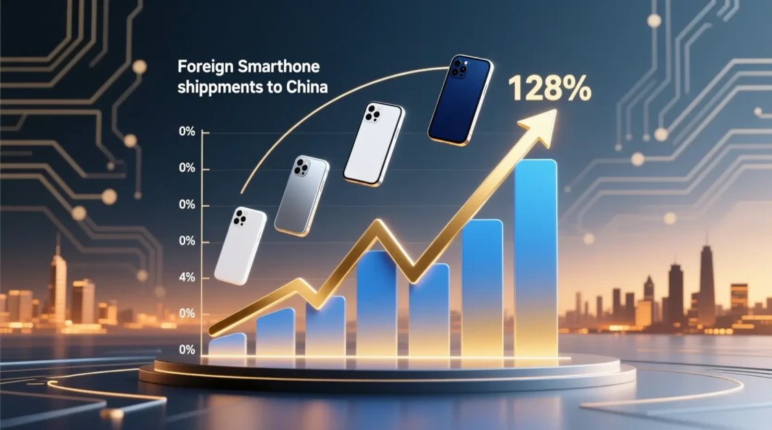 3D graphic showing a 128% increase in foreign smartphone shipments to China, with smartphones rising alongside a golden growth arrow over a bar chart, set against a tech-themed city skyline.