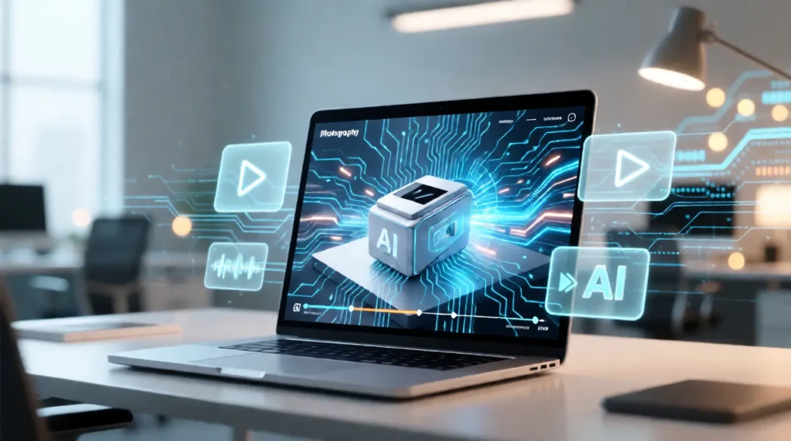 Laptop displaying AI technology interface with floating media icons in a modern office