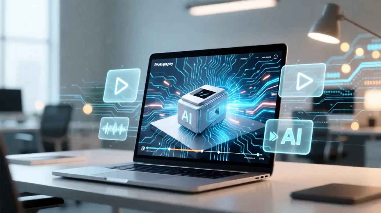 Laptop displaying AI technology interface with floating media icons in a modern office