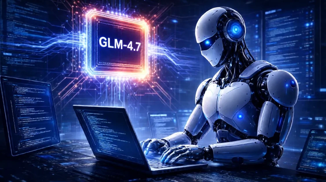 Humanoid robot coding on a laptop with a glowing GLM-4.7 AI chip in a futuristic software development environment