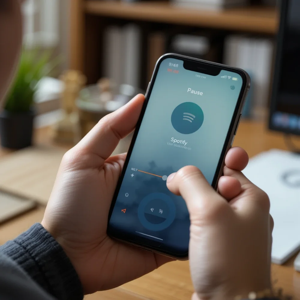Locked smartphone with Spotify paused on the screen, held by a confused user.