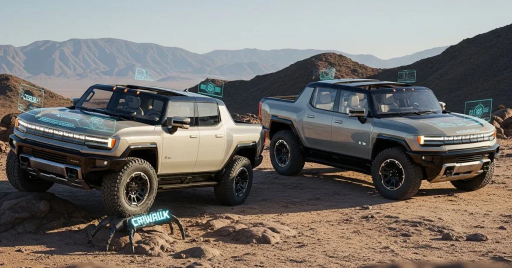 2025 GMC Hummer EV SUV and Pickup in a desert landscape showing off-road features like CrabWalk mode, rugged tires, and open Infinity Roof panels.