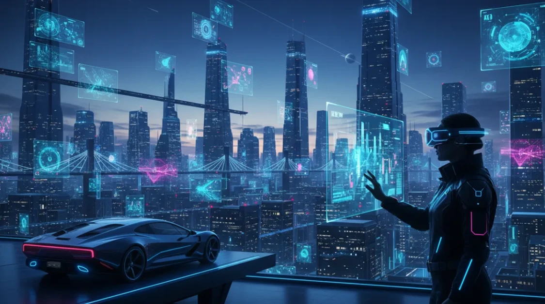 A futuristic cityscape at dusk with holographic AI interfaces, data streams, an electric vehicle, and a person wearing a mixed reality headset representing 2026 technology trends