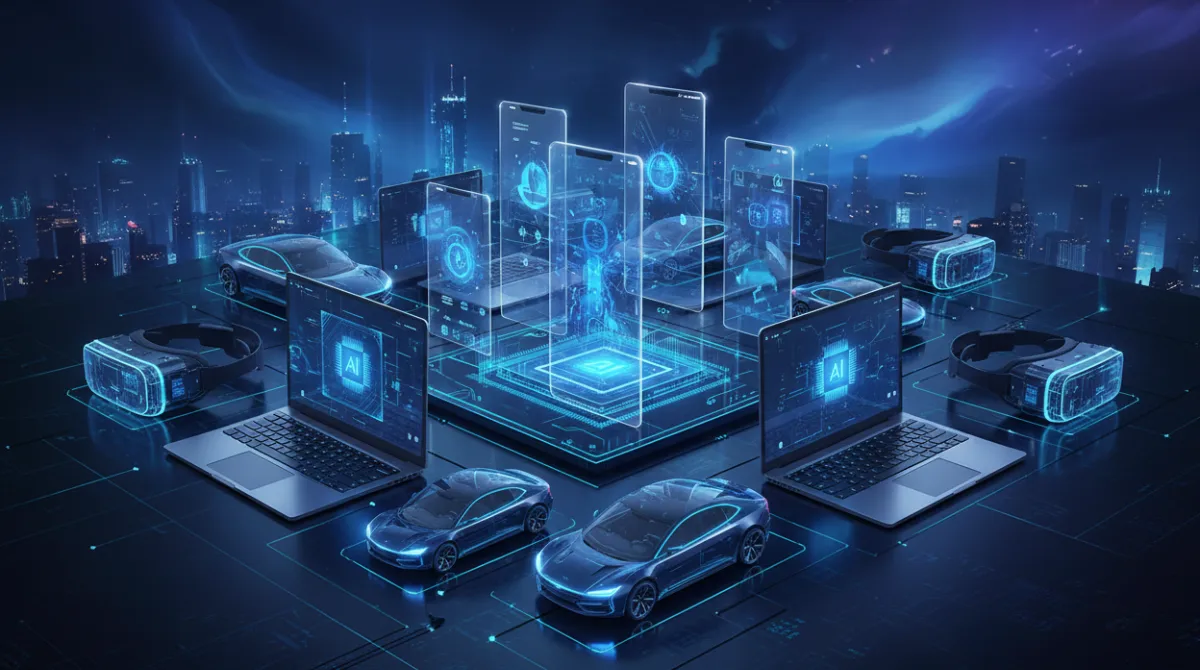 A futuristic flat-lay of smartphones, laptops, AI chips, EVs, and mixed reality headsets representing converging technology trends in 2026