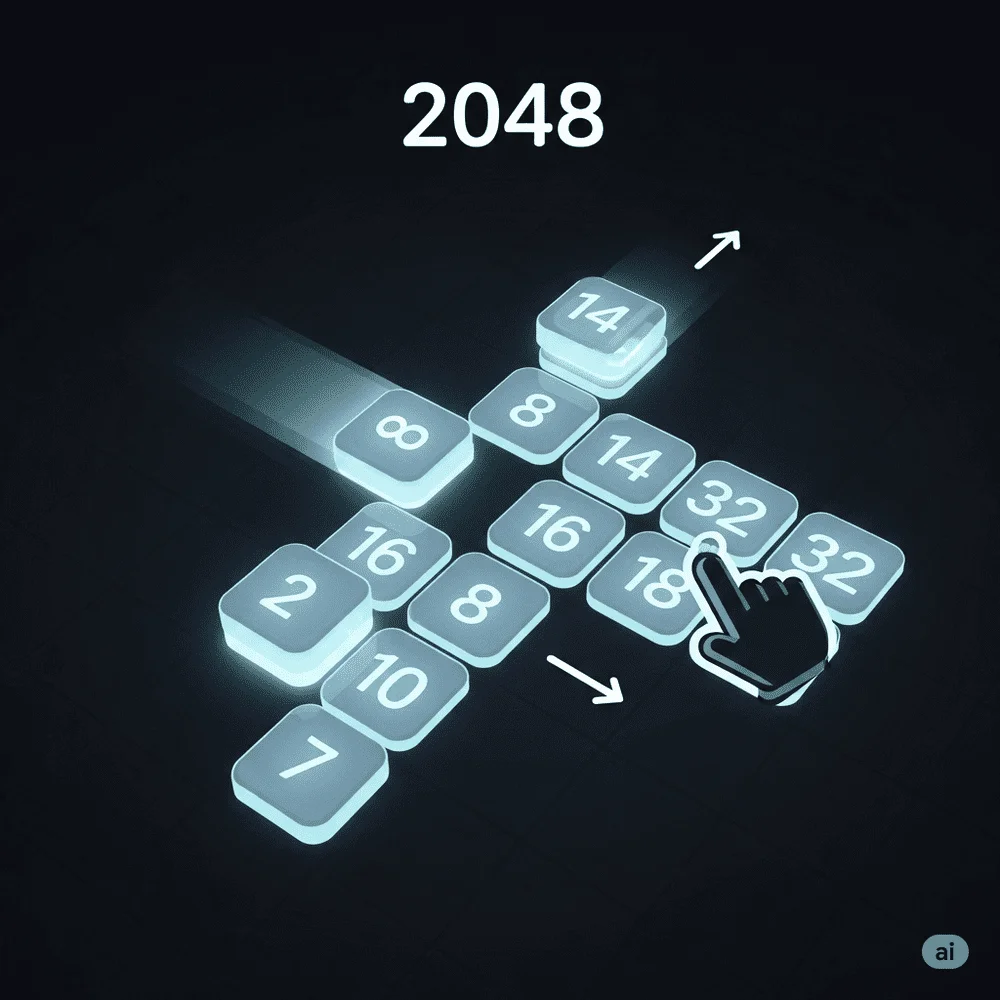 A clean 2048 game board with glowing numbered tiles mid-slide, representing logic, number sense, and strategic puzzle solving. 