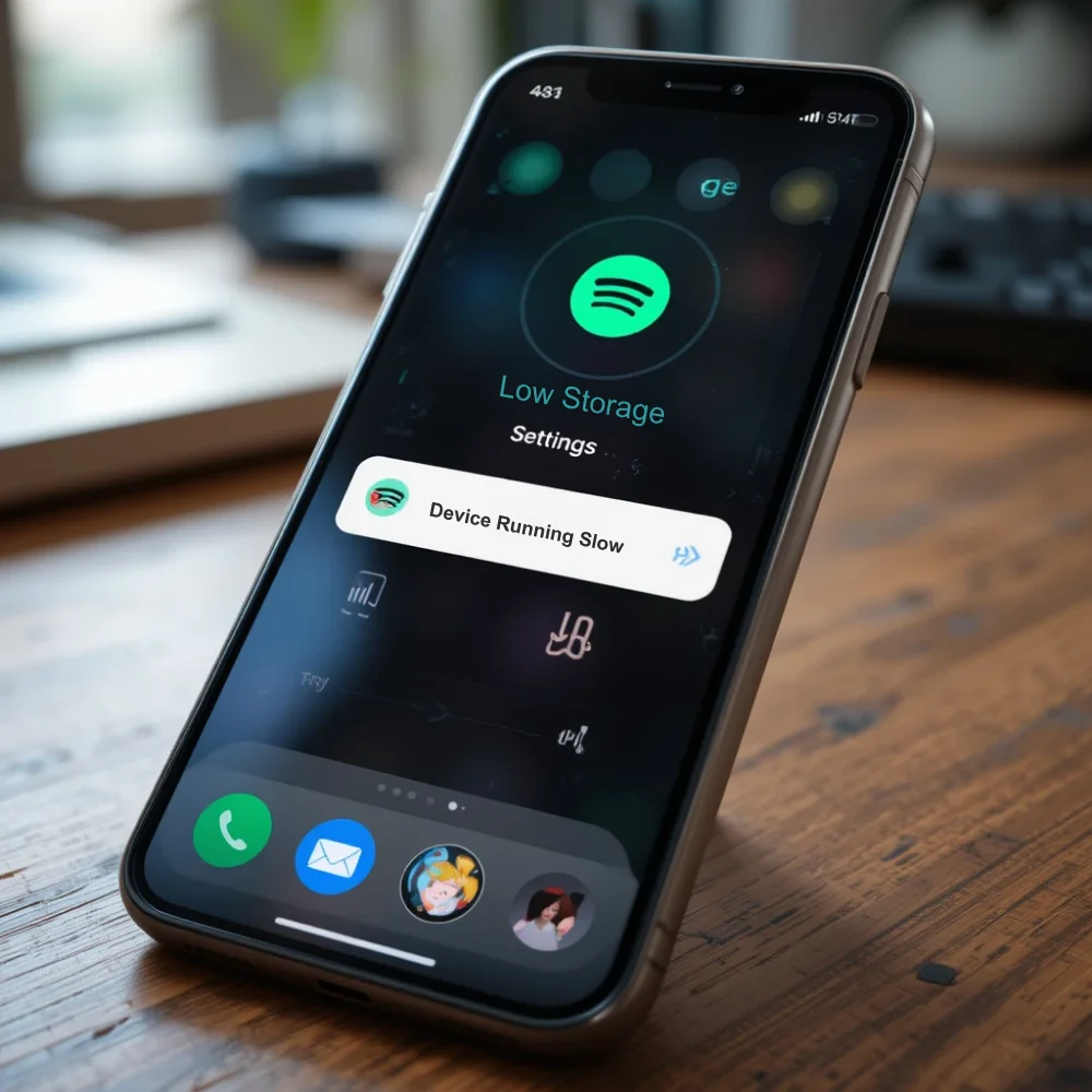 Phone showing a low storage warning with Spotify paused in the background.