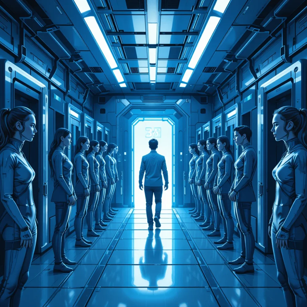 A lone candidate approaches a glowing doorway marked “3%” in a futuristic testing facility.