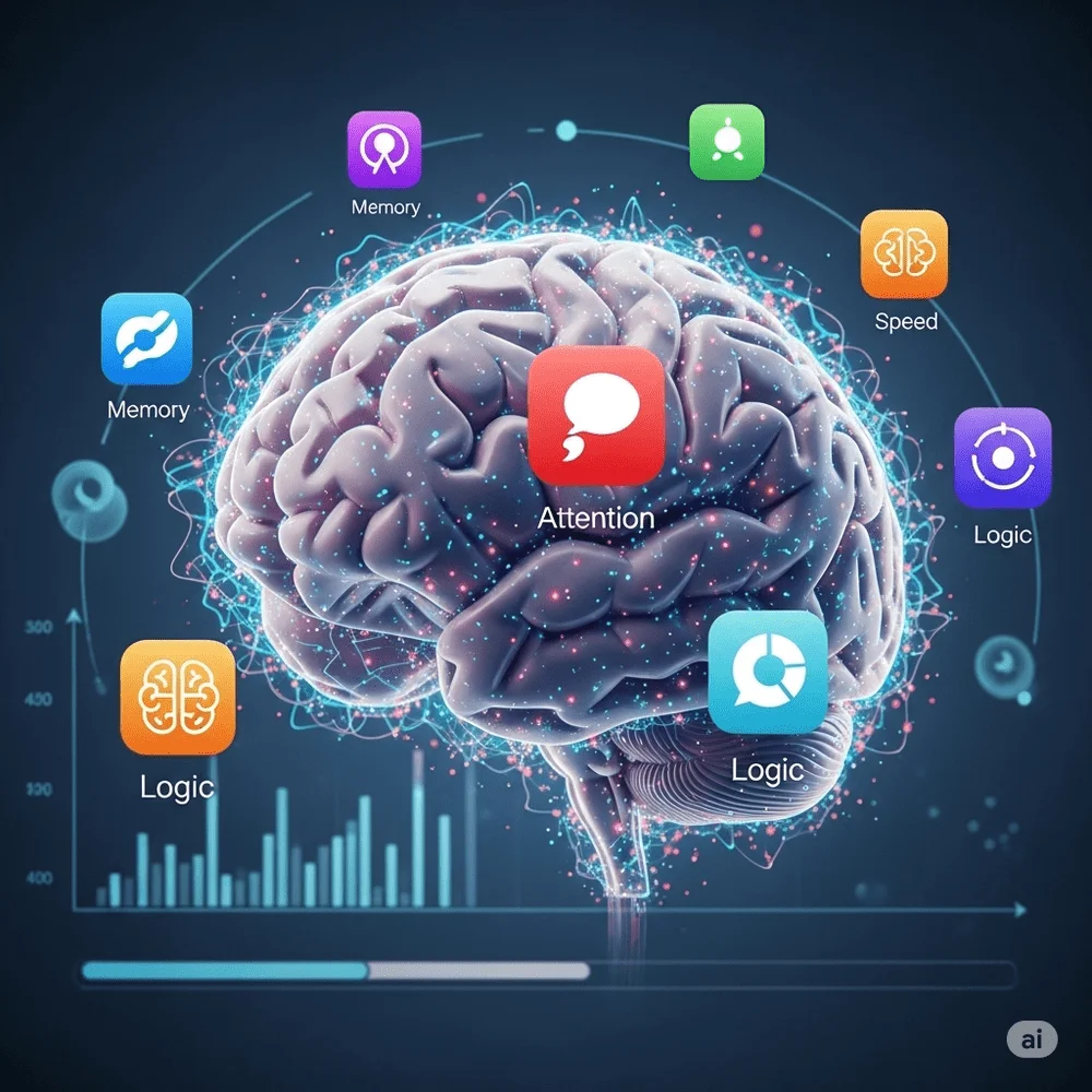 A glowing 3D brain with neural links and cognitive icons, highlighting brain training, focus, and performance tracking. 