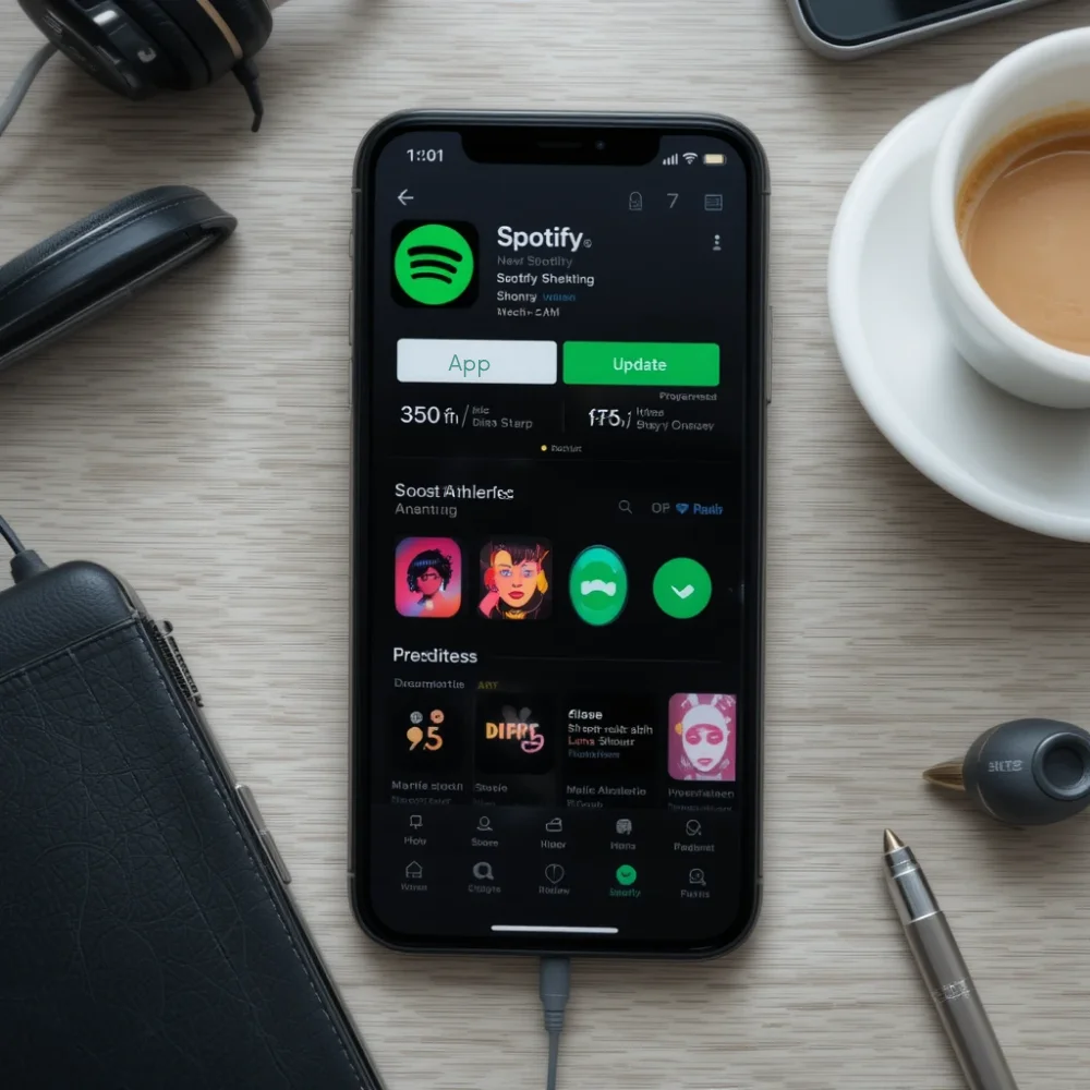 Spotify app page on App Store with the “Update” button highlighted on a smartphone.