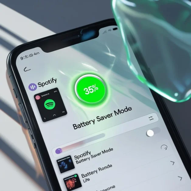 Phone screen with Battery Saver enabled and Spotify paused in the background.