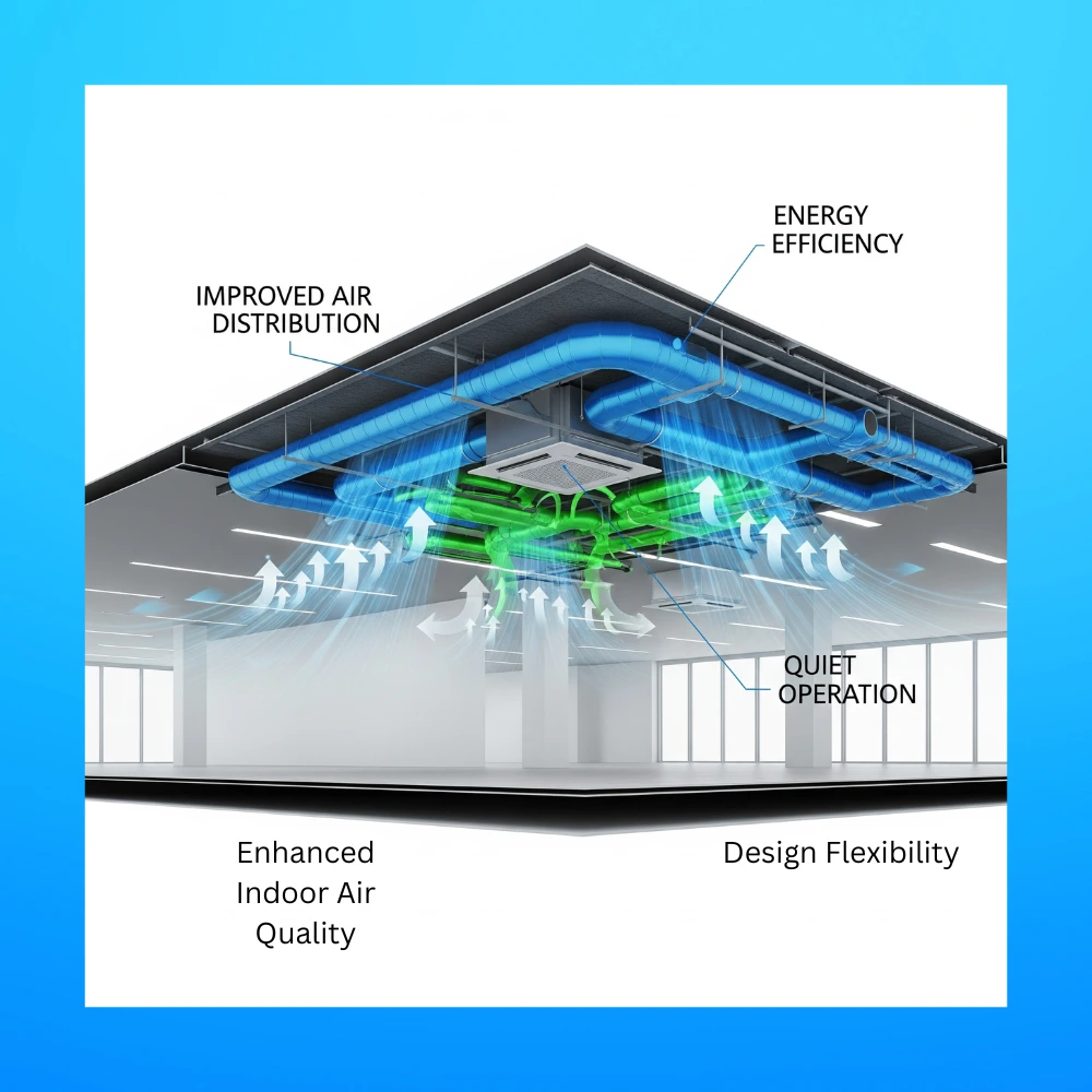 Cutaway illustration of plenum ventilation system highlighting top 5 HVAC benefits with airflow and ductwork