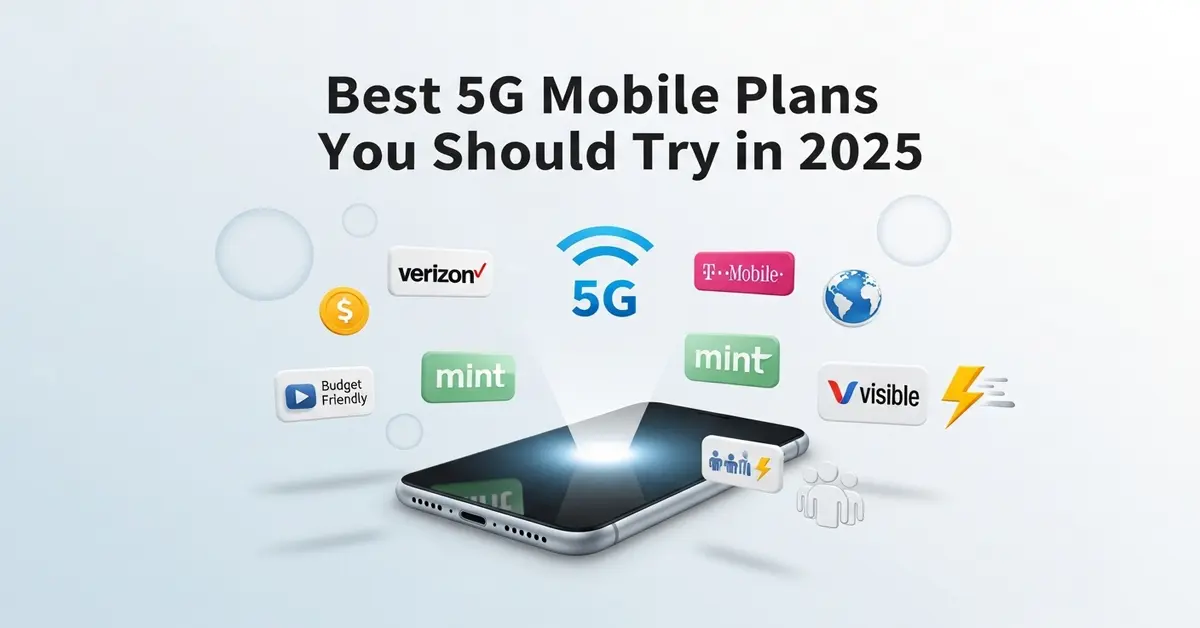 Smartphone with glowing 5G icon and floating icons showing speed, budget, streaming, and global use. Carrier logos around a clean, tech-style layout.