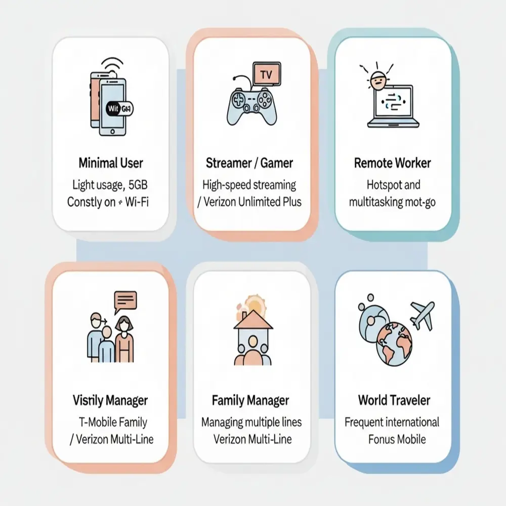 Infographic showing five user types matched with 5G plans: minimal user, streamer, remote worker, family manager, and world traveler.