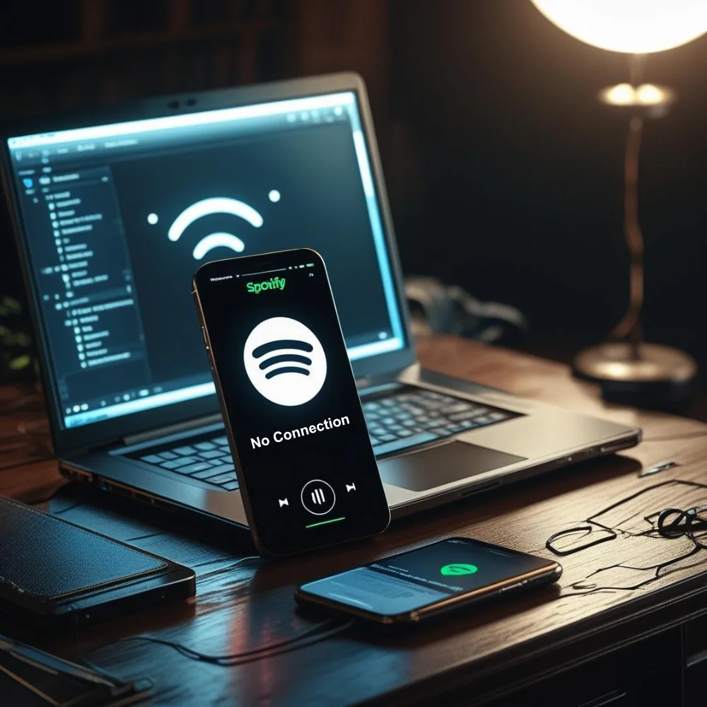 Smartphone showing Spotify buffering due to weak Wi-Fi signal near a blinking router.