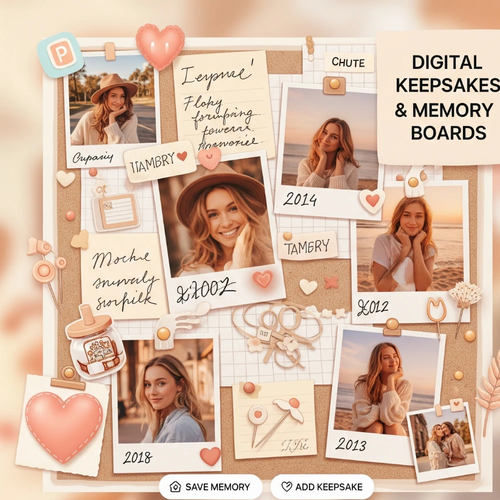 Digital memory board with keepsakes, notes, and photos