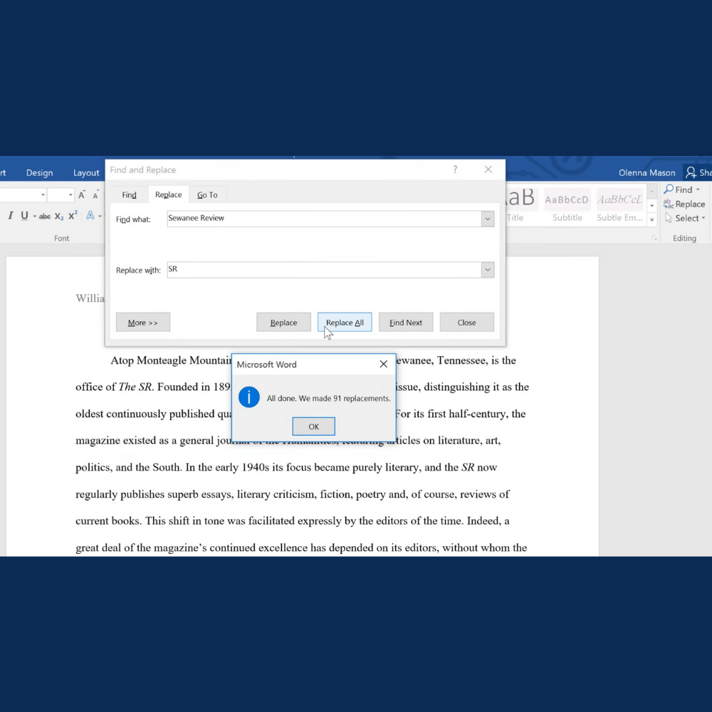Image showing how to update text formatting in Word without changing the actual words