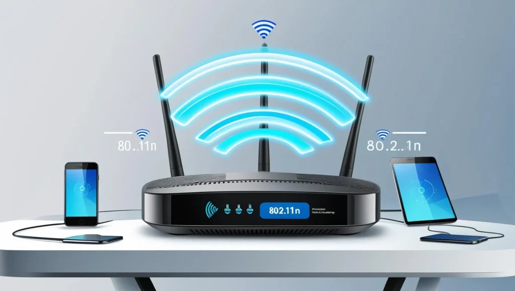 Wi-Fi router with 802.11n signal showing fast, stable wireless connection.