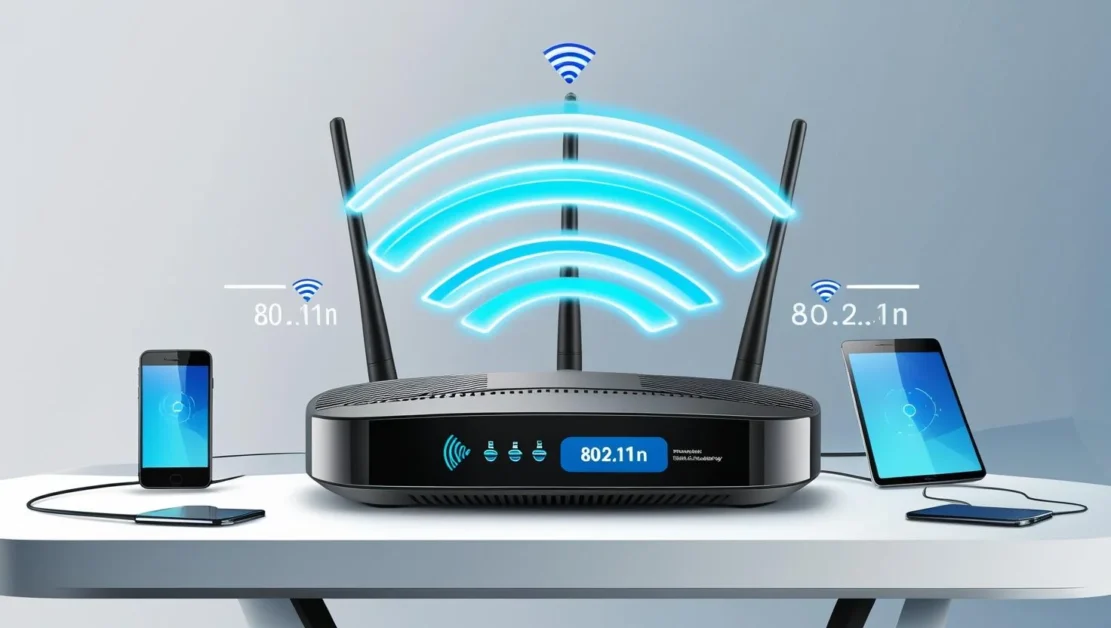 Wi-Fi router with 802.11n signal showing fast, stable wireless connection.
