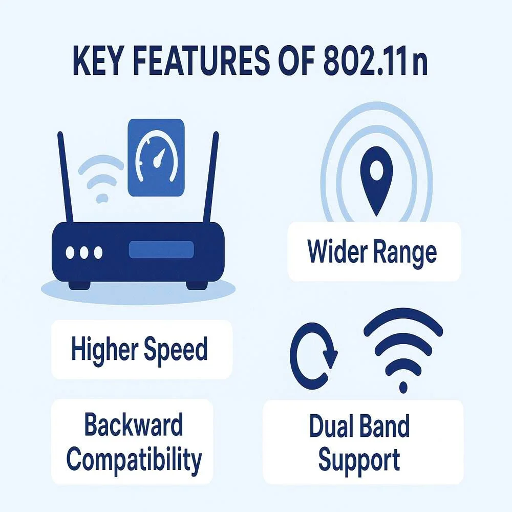 Infographic showing key features of 802.11n Wi-Fi: Higher Speed, Backward Compatibility, Wider Range, and Dual Band Support with related icons.