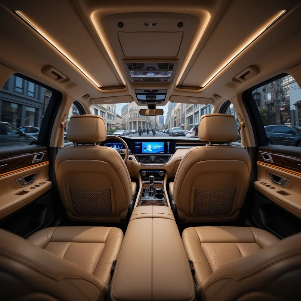 Luxurious interior of the BYD U8 featuring leather seats, ambient lighting, and a large digital infotainment display