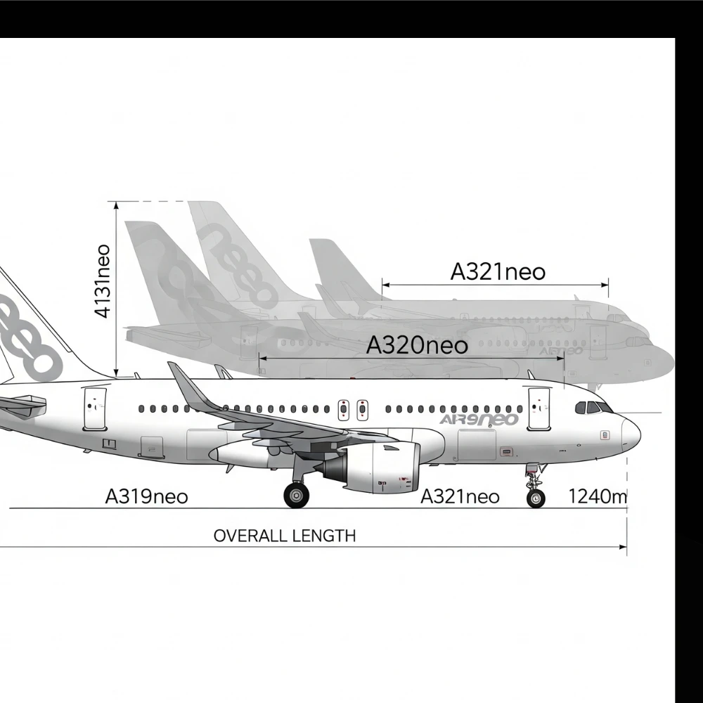 A319neo side profile with labeled aircraft length and scale