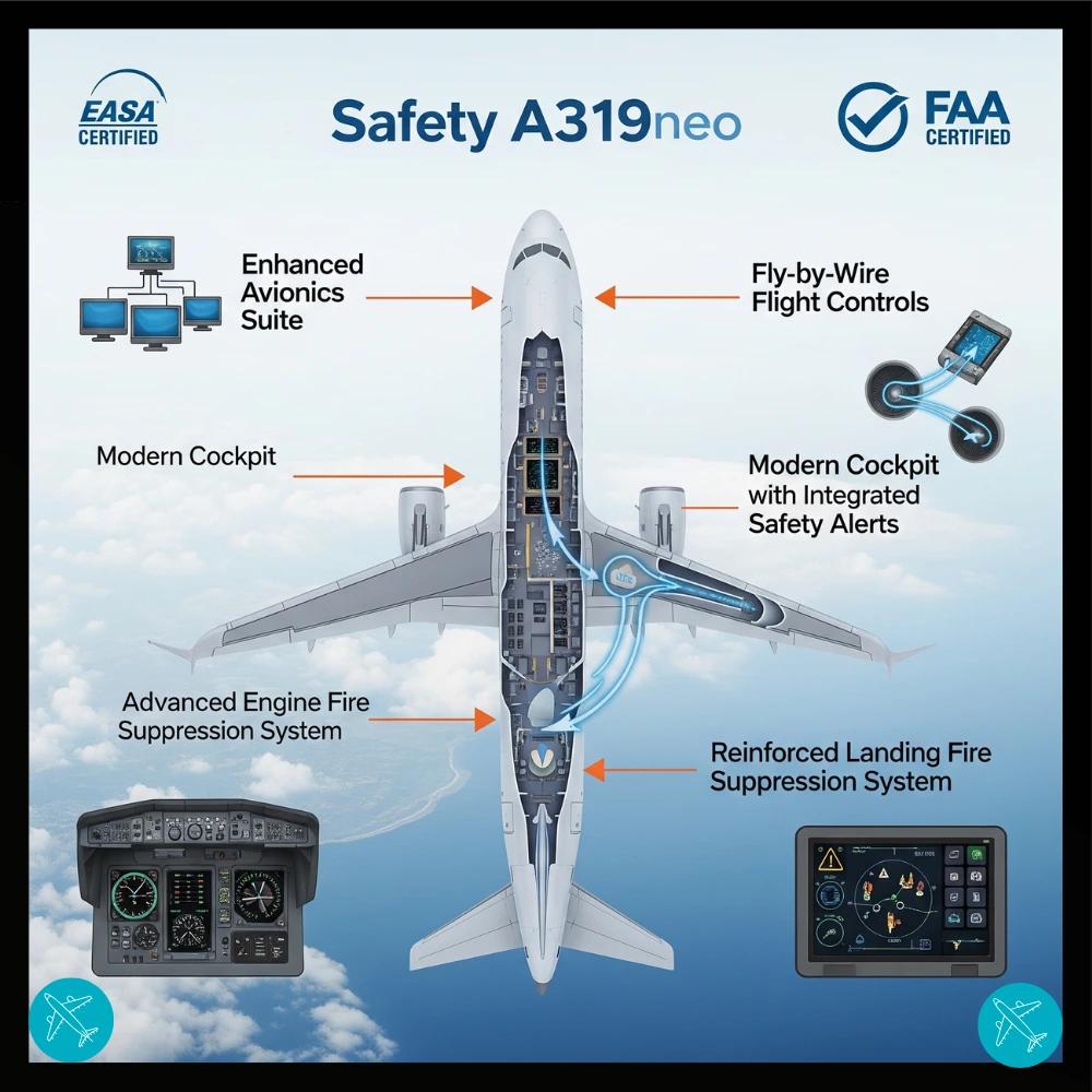Infographic of A319neo safety systems and certifications.
