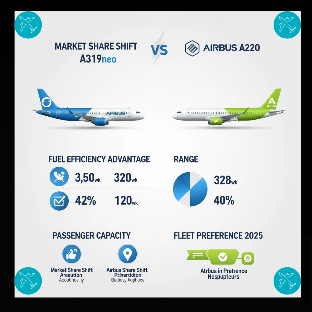 Infographic comparing A319neo vs A220 in market trends 2025