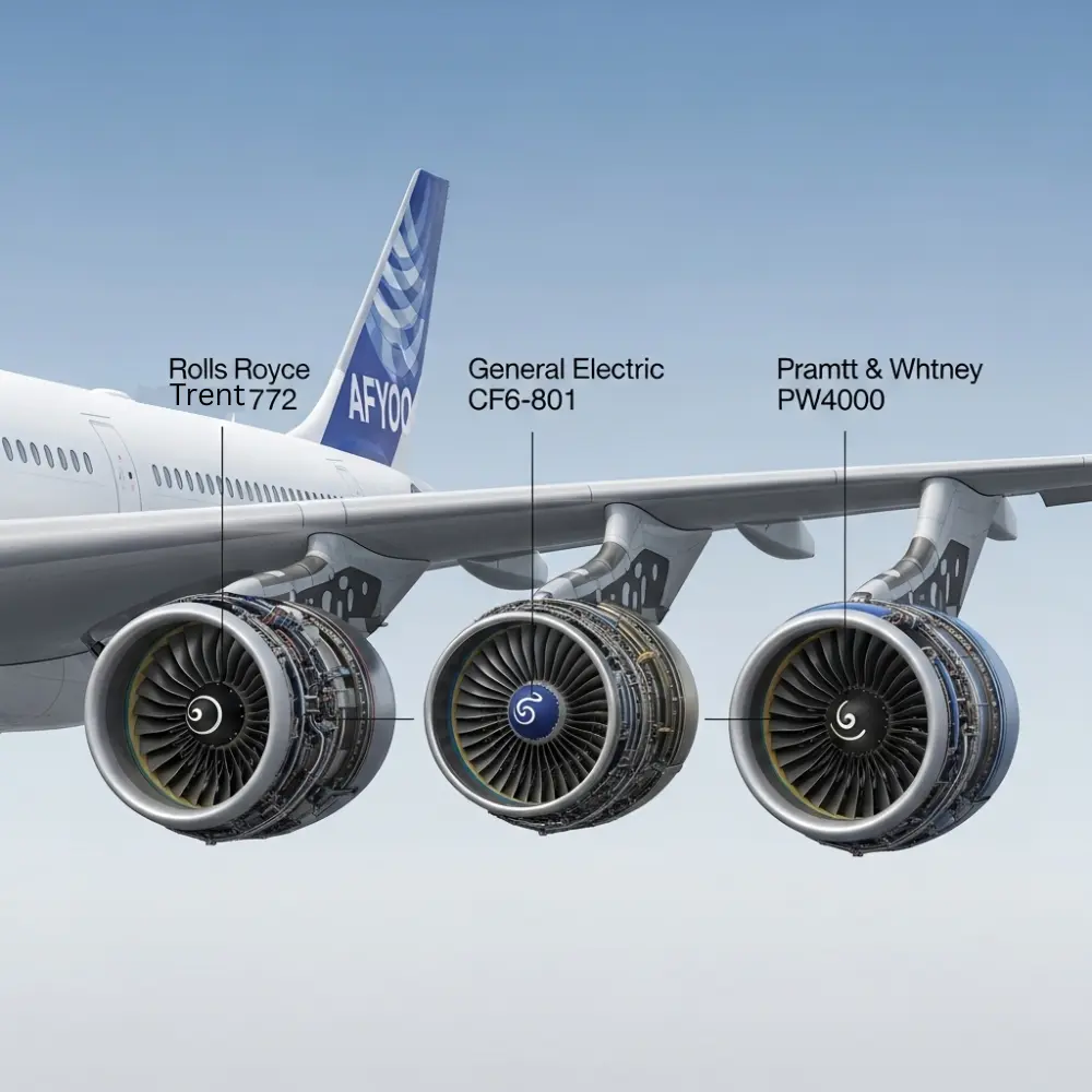 Airbus A330ceo engines Trent 772, CF6-80E1, and PW4000 shown in realistic cutaway view with fuel usage details.