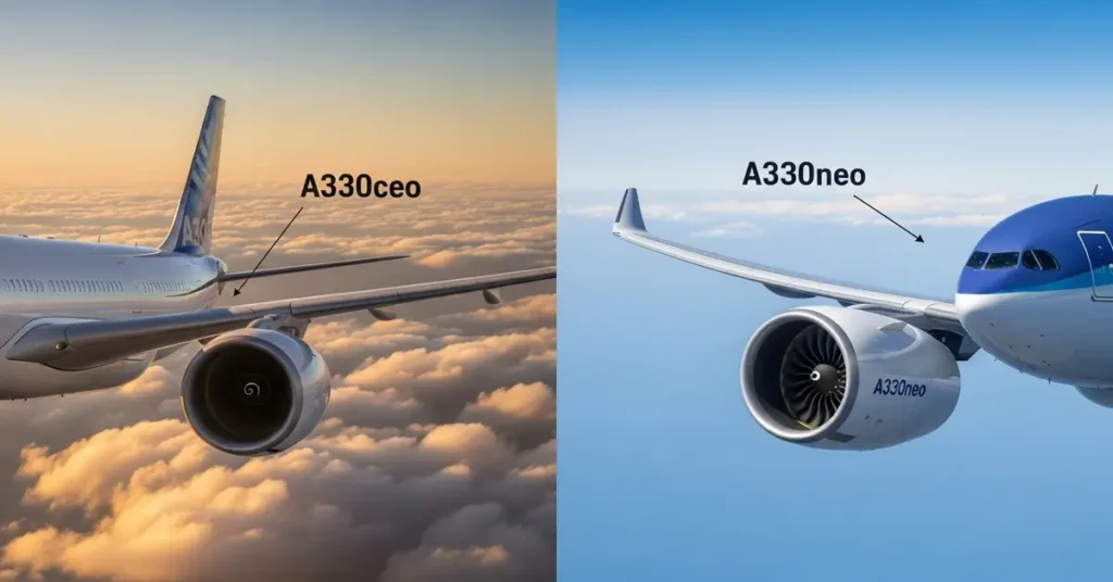 Side by side view of Airbus A330ceo and A330neo aircraft highlighting engine design differences in flight