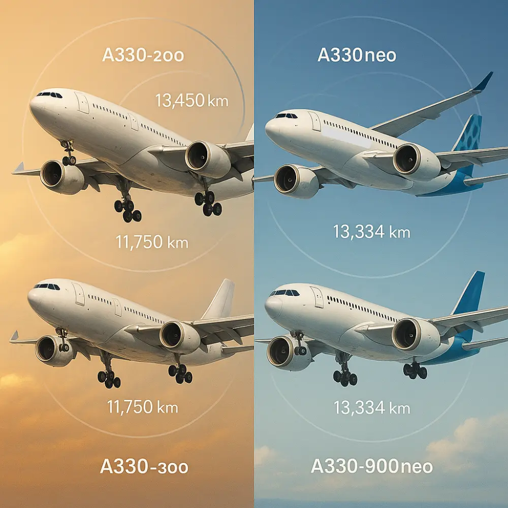 Side-by-side illustration of Airbus A330ceo and A330neo aircraft showing range and engine design differences in realistic sky backgrounds.