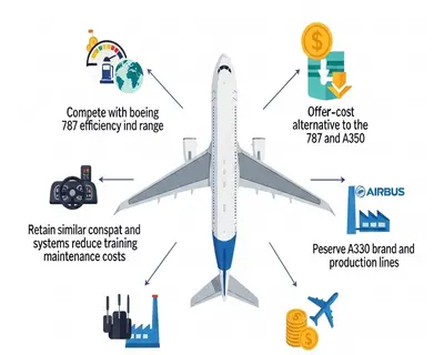 A330neo market strategy infographic with central aircraft and arrows to key goals