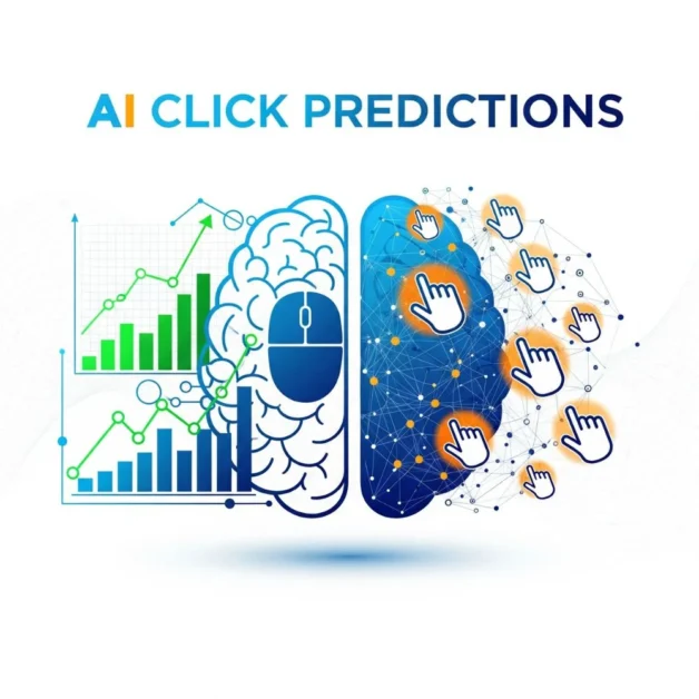 Brain icon merged with analytics charts and click symbols, with AI network lines.