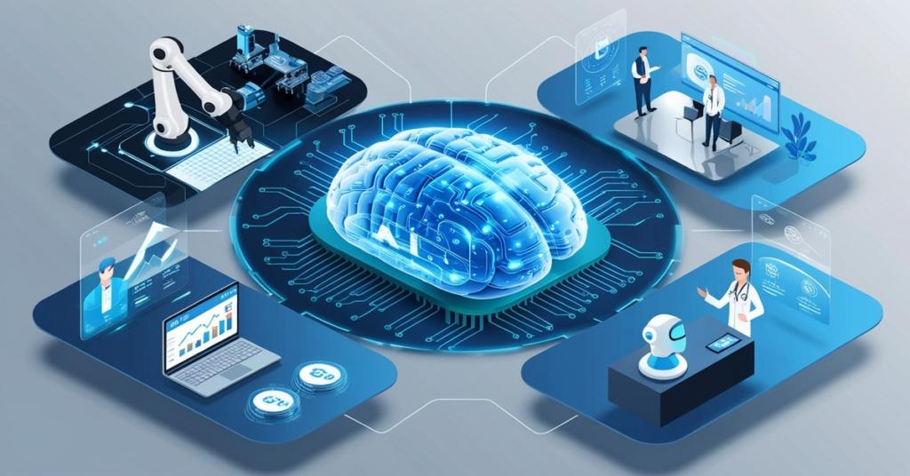 AI transforming key industries in 2025 with tech icons around a glowing brain.