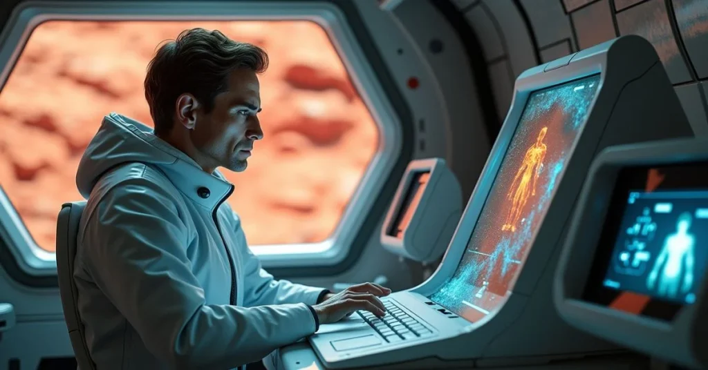 AI medical assistant in a Mars spacecraft guiding astronaut through treatment procedures.