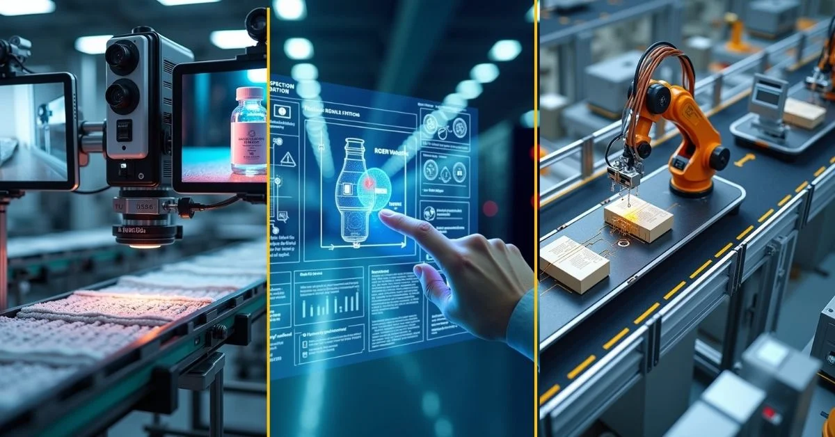 AI-powered software interface displaying product image analysis, detecting micro-cracks, color shifts, and label issues, with real-time data dashboards and compliance reporting. 