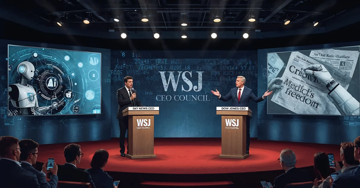 Sky News and Dow Jones CEOs debate AI's impact on media at the WSJ CEO Council, with visuals showing a robot and press freedom imagery in the background.