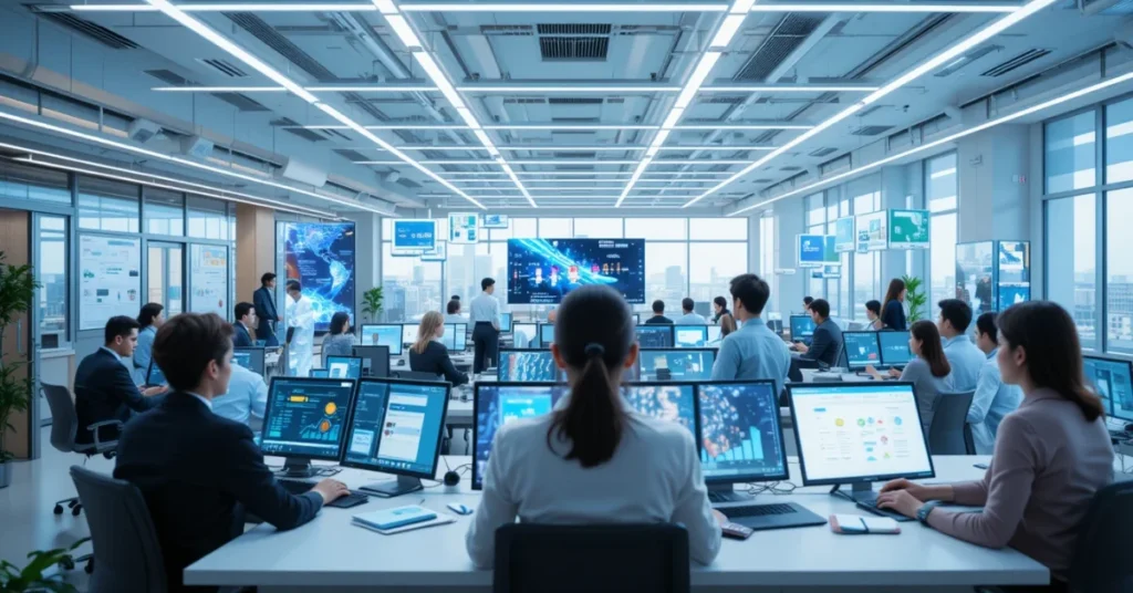 Futuristic office with AI-powered workspaces